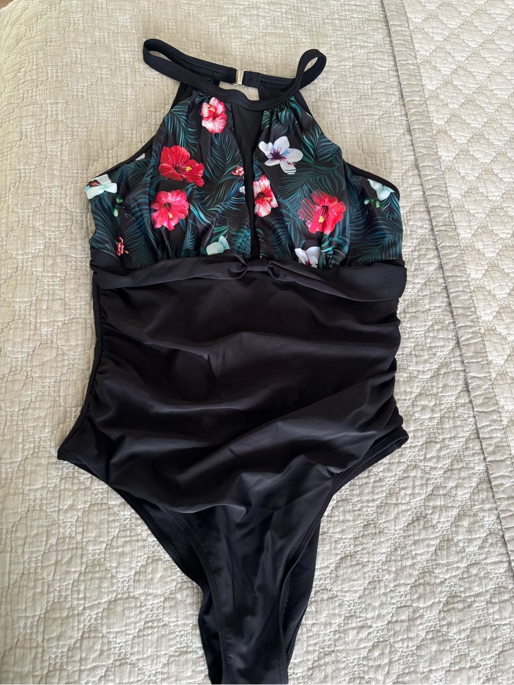 Black One-Piece Swimsuit with Tropical Floral Top-sz XL